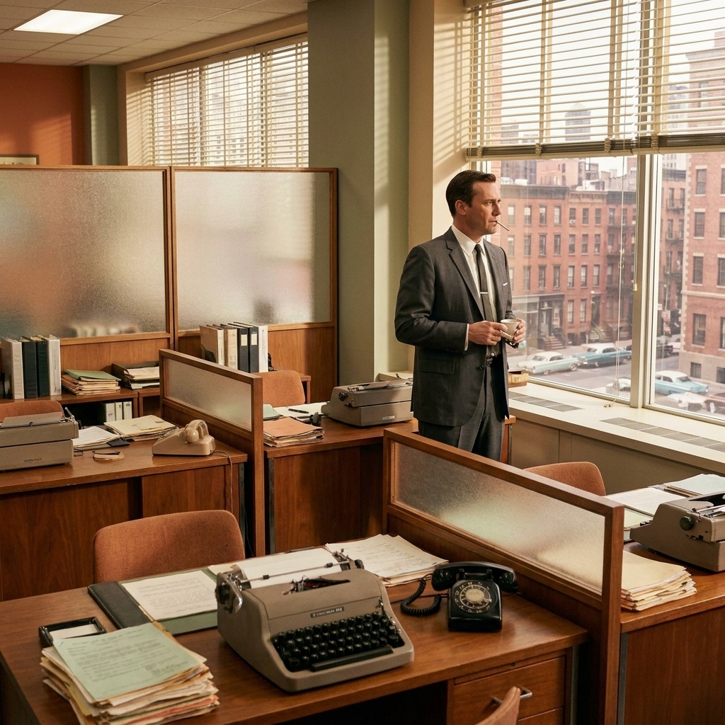 A 1960s advertising office set with mid-century desks, glass partitions, and a man in a suit standing near a window with city buildings beyond