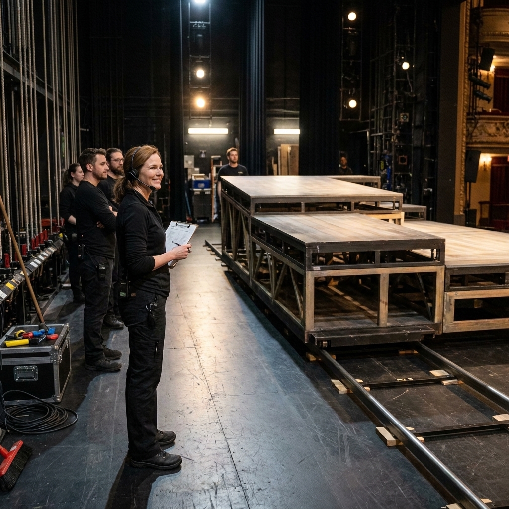 A Broadway stage during a technical rehearsal with a large scenic piece moving on a tracked system while crew members watch from the wings