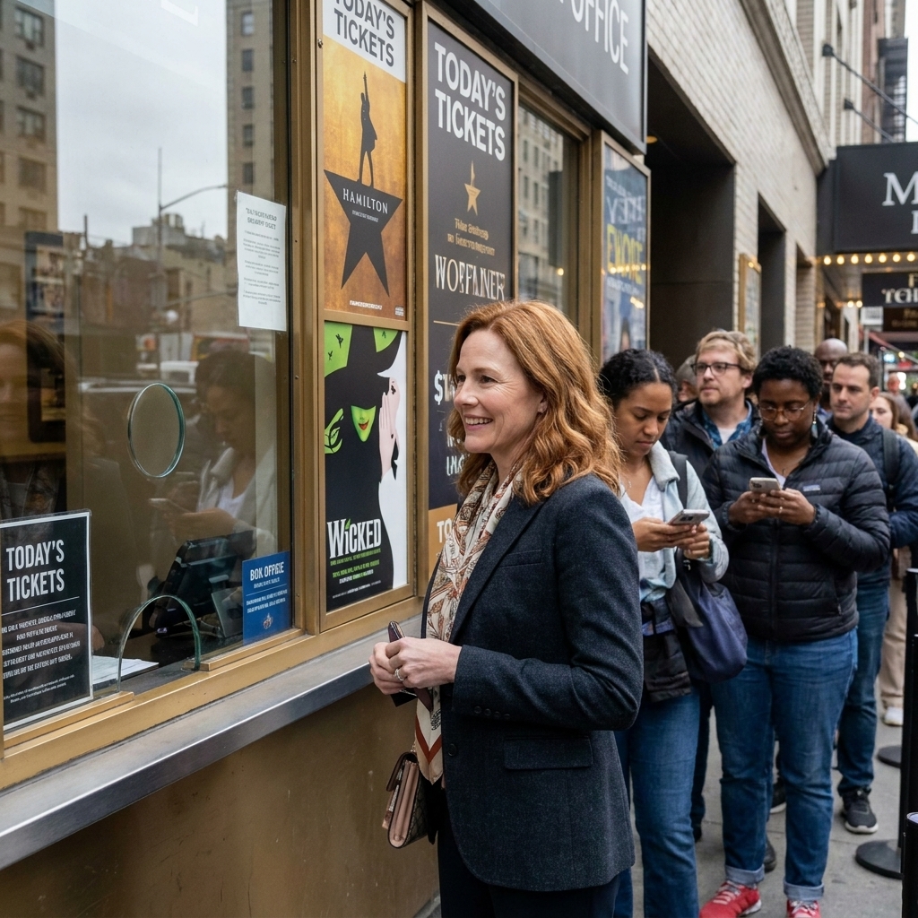A Broadway theater box office window with posters and a line of people waiting to buy same-day tickets