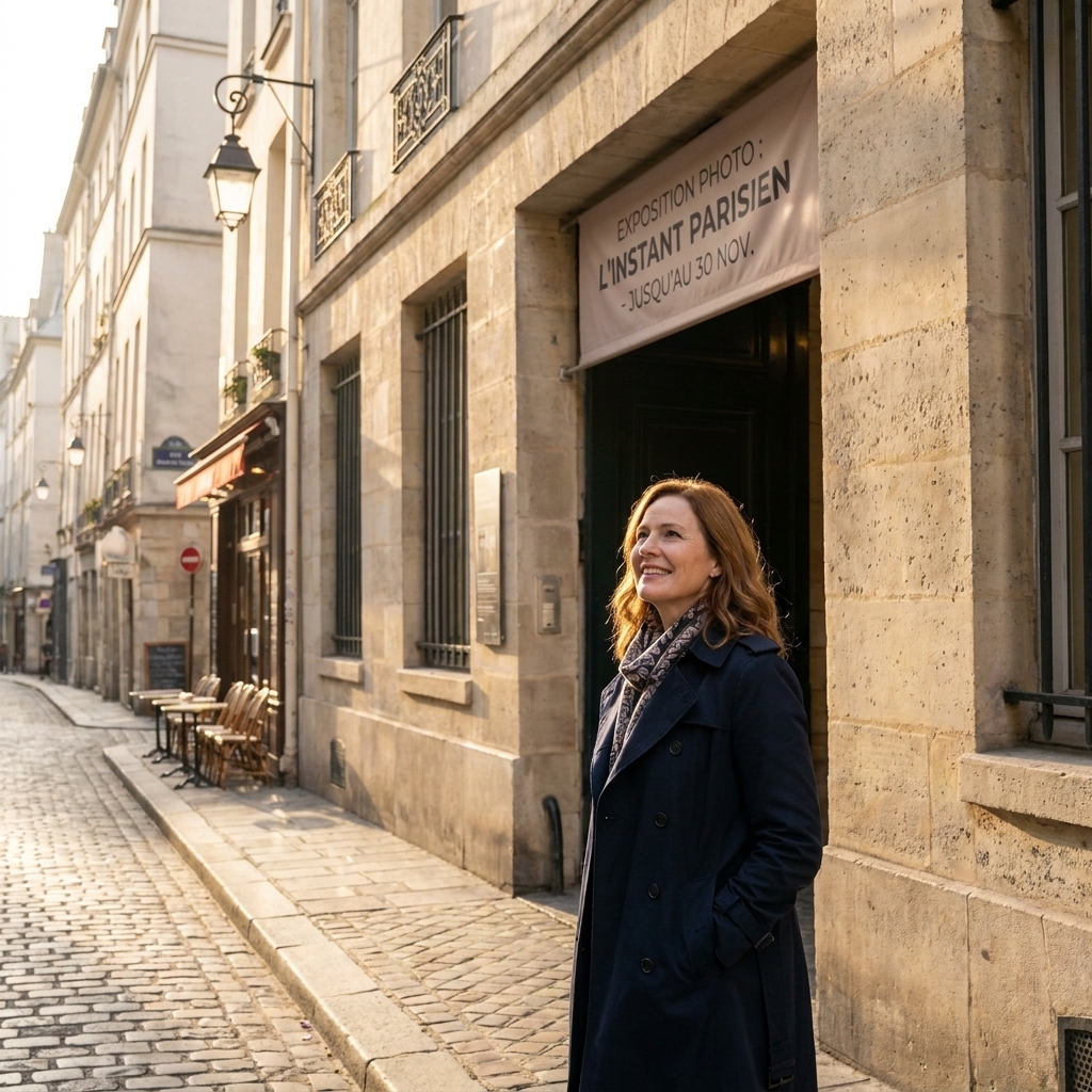 A Parisian museum façade on a narrow street, with soft afternoon light and a discreet banner indicating a photography exhibition