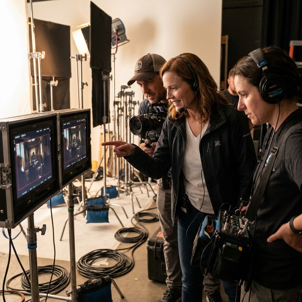 A TV director and crew members clustered around on-set monitors reviewing a take, with lighting stands and cables visible in the background