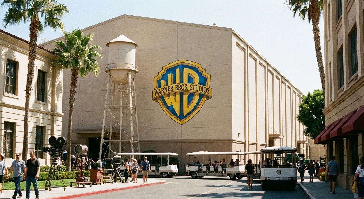 A Warner Bros. studio logo displayed on a building exterior at a studio lot, photographed in daylight