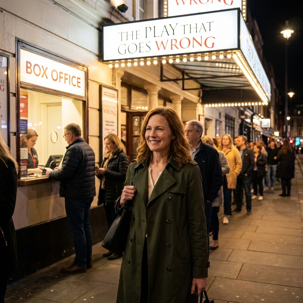 A West End theatre entrance with a lit marquee and a box office window as people line up on the sidewalk