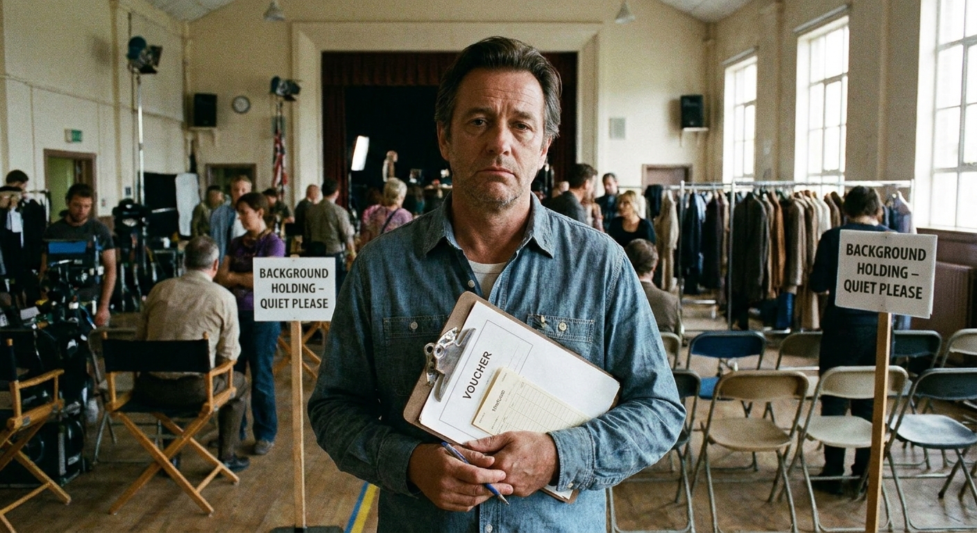 A background actor holding a paper voucher and timecard on a clipboard in a production holding area