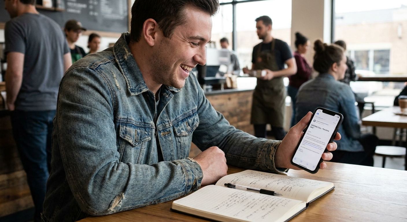 A background actor holding a smartphone while reading a casting notice in a coffee shop, with a notebook and pen on the table