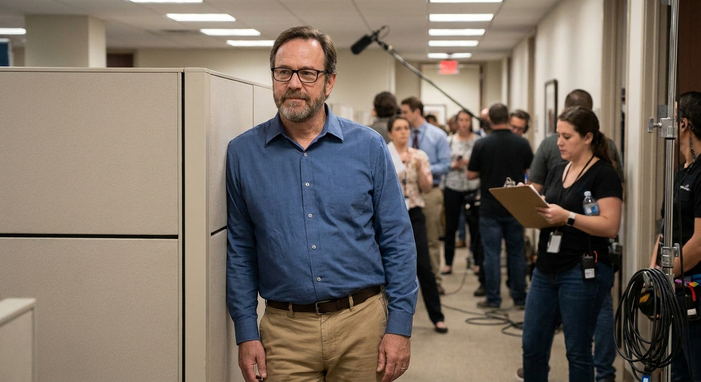 A background actor in business casual wearing simple eyeglasses while standing in an office hallway set