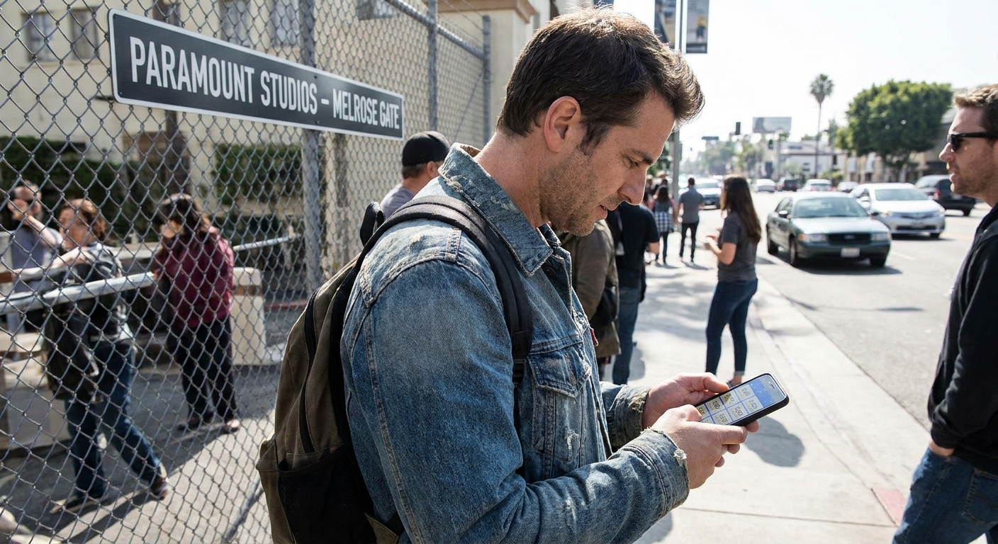 A background actor in street clothes standing near a studio lot entrance checking a schedule on their phone