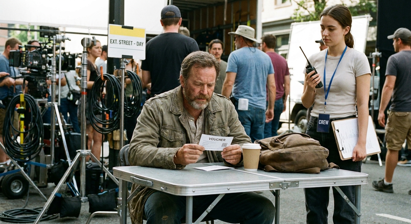 A background actor seated at a folding table on set, reviewing a paper voucher while a production assistant stands nearby.