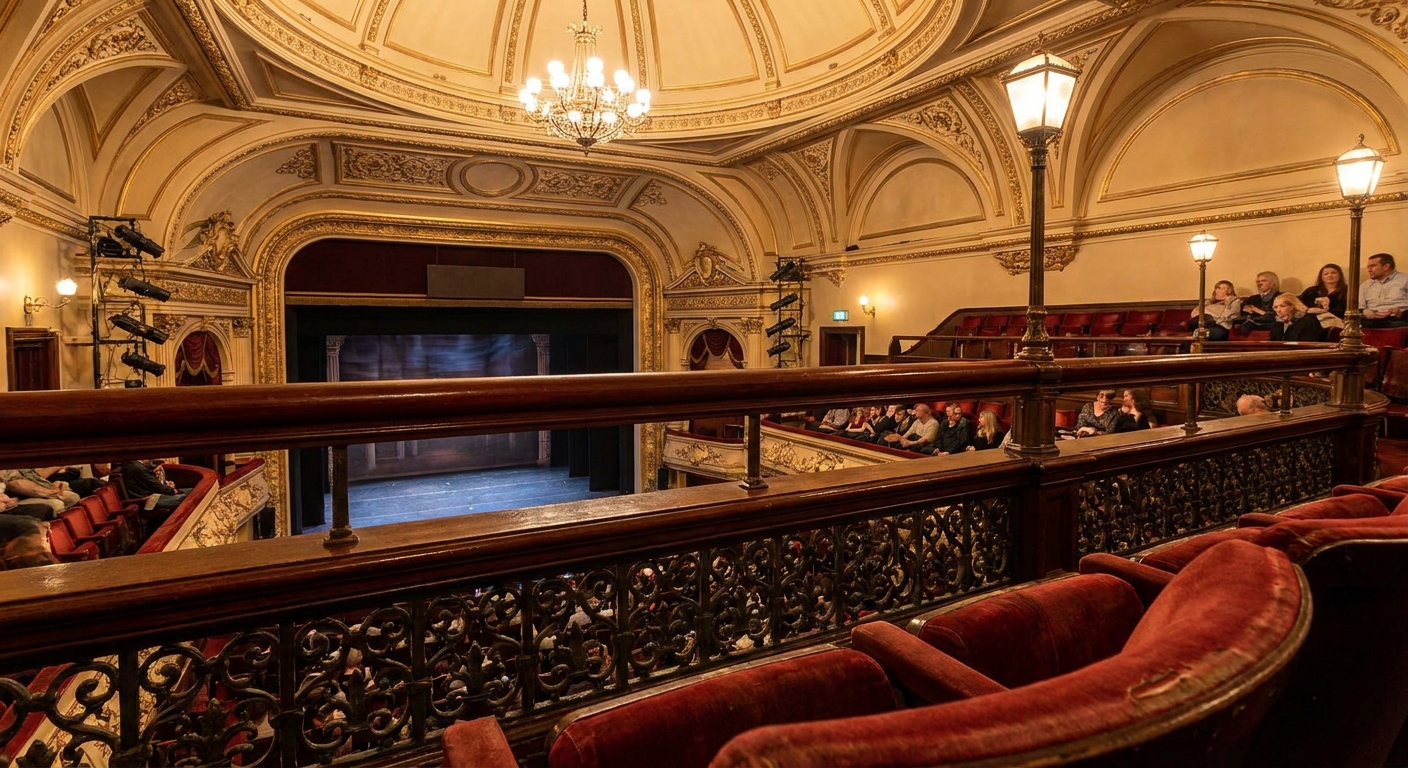 A balcony row in a traditional theater with a railing at the front edge, viewed from seated eye level