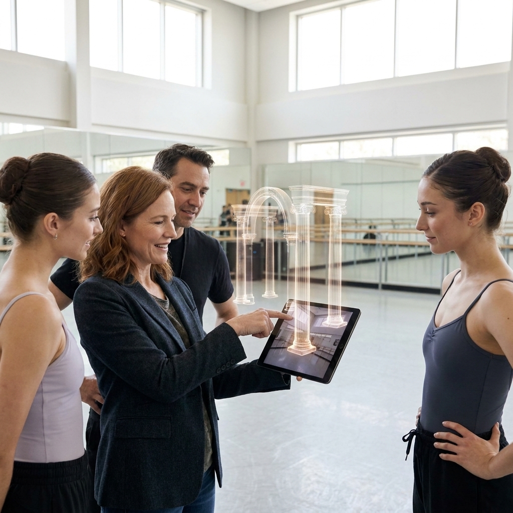 A ballet rehearsal in a large studio where dancers and a stage manager look toward a tablet displaying an augmented reality view of virtual set elements positioned around the room