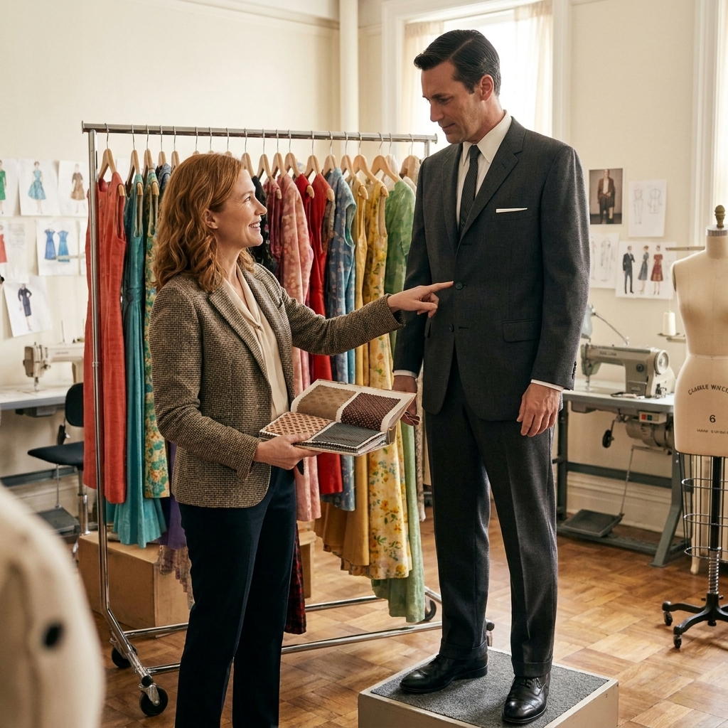 A behind-the-scenes photograph of a 1960s-inspired costume fitting with a tailored suit on an actor, a costume rack of vintage dresses behind them, and a designer holding a swatch book
