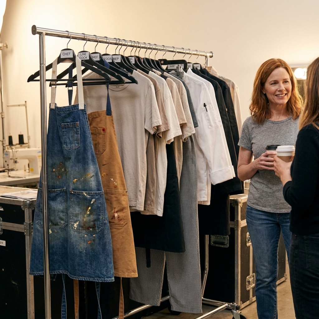 A behind-the-scenes photograph of a costume rack filled with contemporary kitchen workwear, including stained aprons and neutral T-shirts, in a production wardrobe area