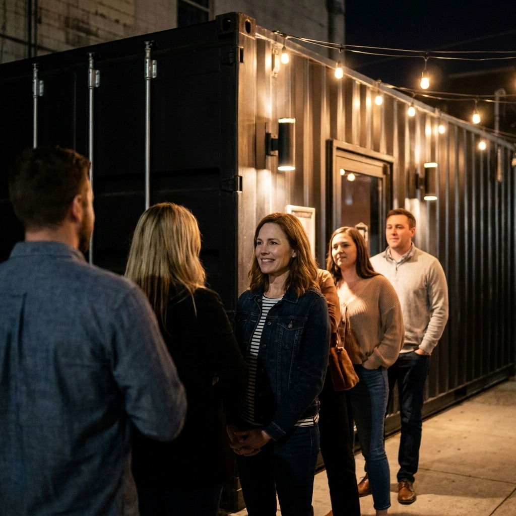 A black shipping container venue at night with subtle exterior lighting and a short line of patrons waiting