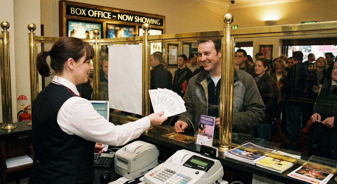 A box office attendant handing printed tickets across a counter to a customer