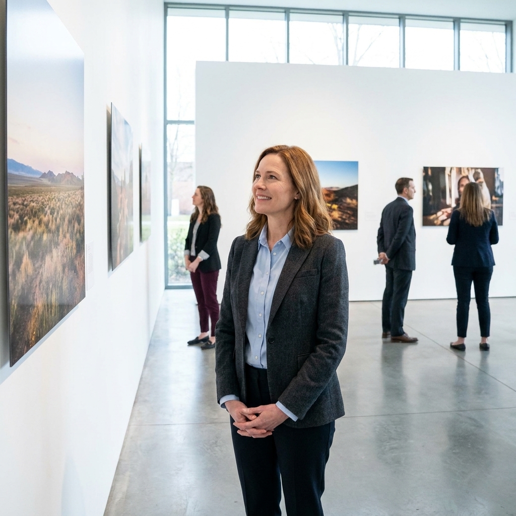 A bright, modern gallery interior with large-format photographs on white walls and visitors standing quietly, spaced out as they look