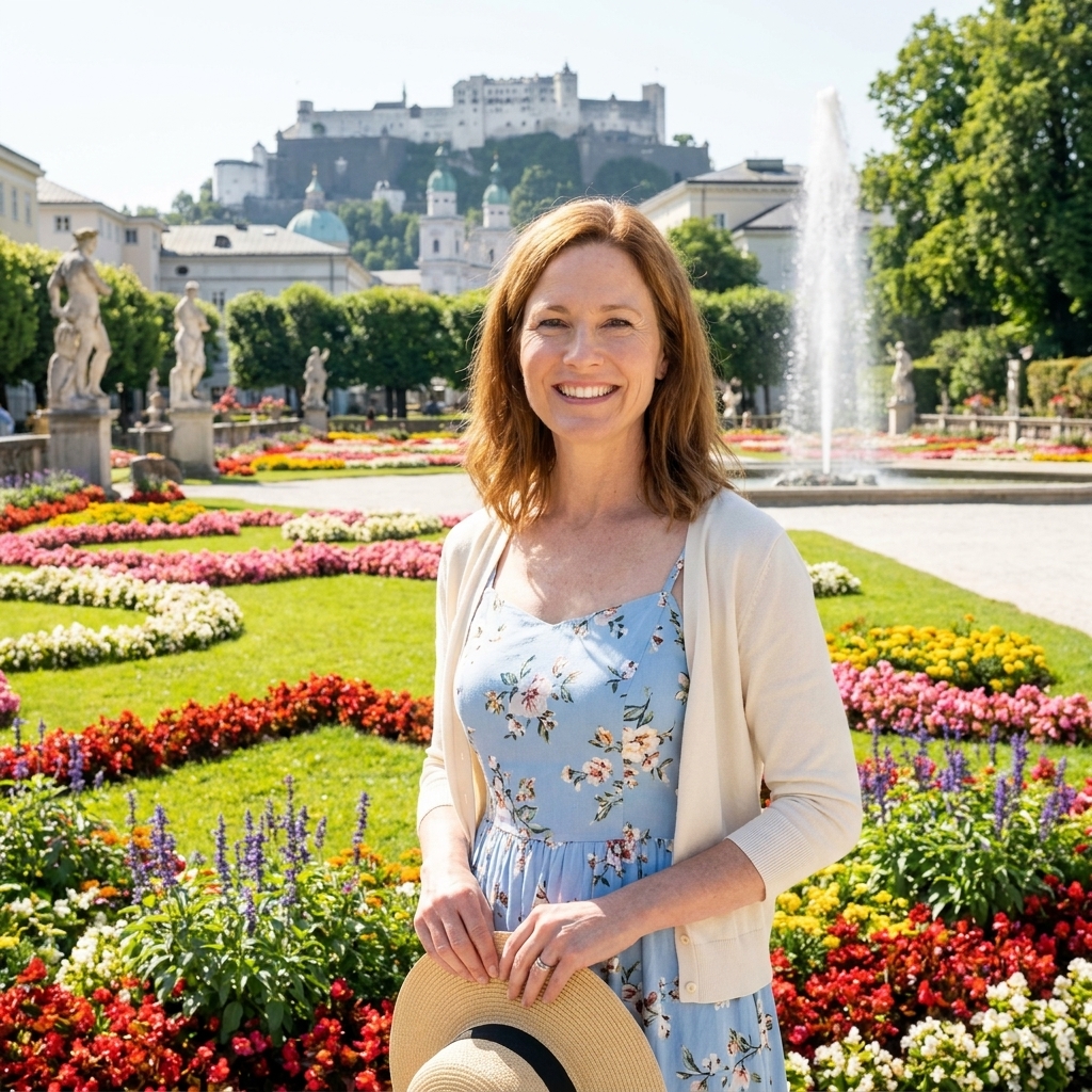 A bright photograph of Mirabell Gardens in Salzburg with manicured flowerbeds, statues, and the fortress visible in the distance