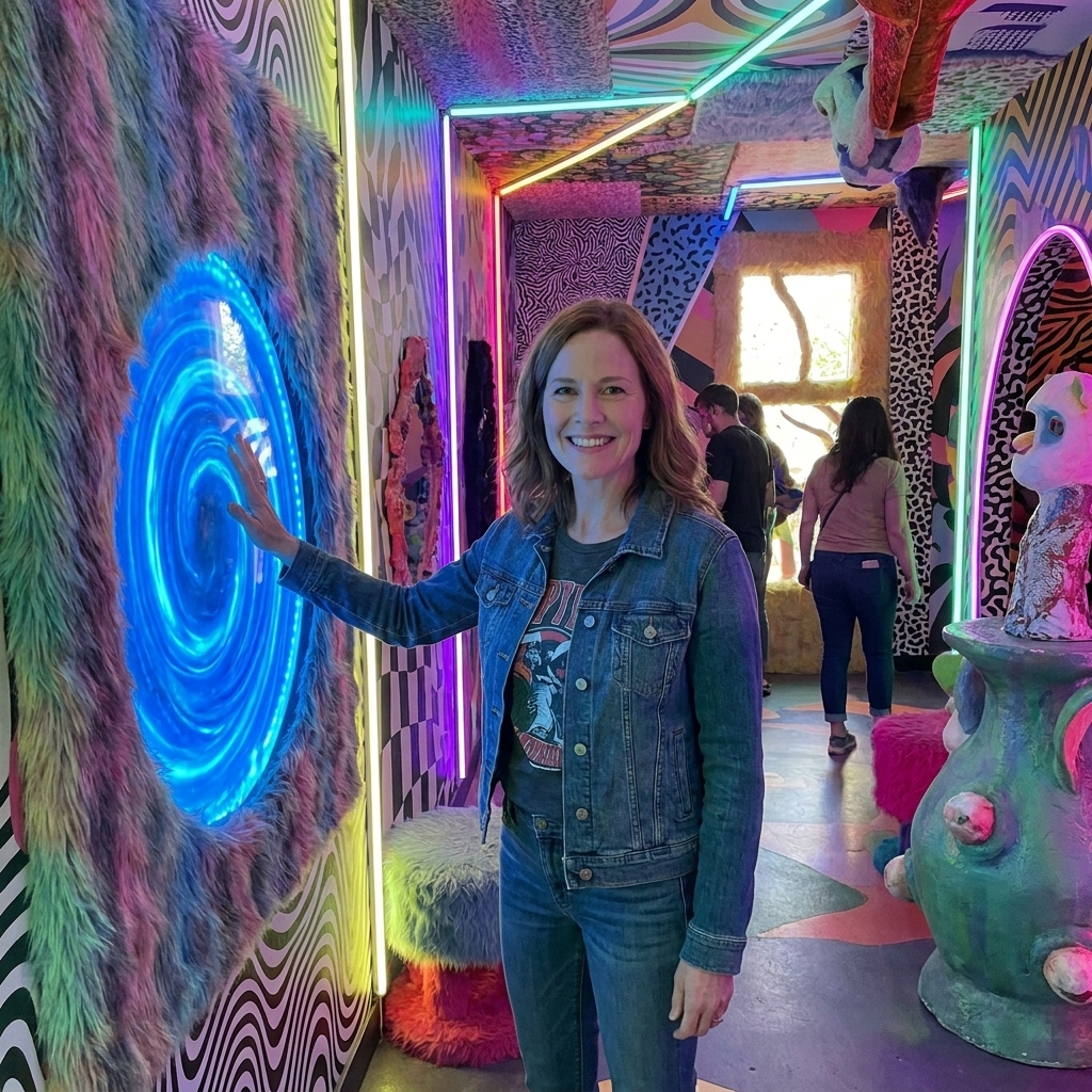 A brightly colored surreal room inside Meow Wolf in Santa Fe, with glowing portals and layered textures, as visitors explore