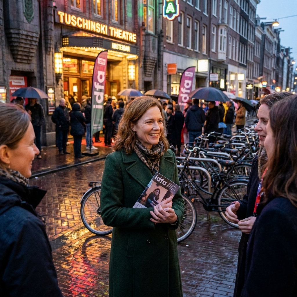 A busy evening crowd outside a cinema in Amsterdam during a documentary festival, with bicycles parked nearby and venue lights reflecting on wet pavement