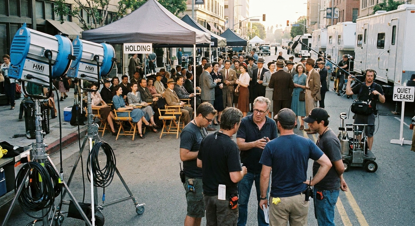 A busy film set with several background actors waiting near holding chairs while crew members confer beside lighting stands