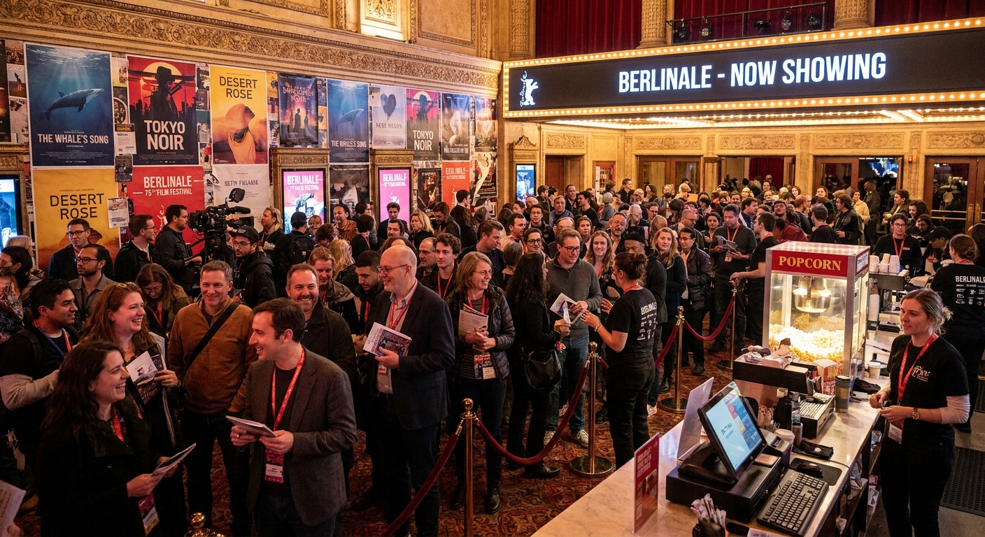 A busy theater lobby during a film festival with attendees holding programs, staff at stanchions, and posters on the walls