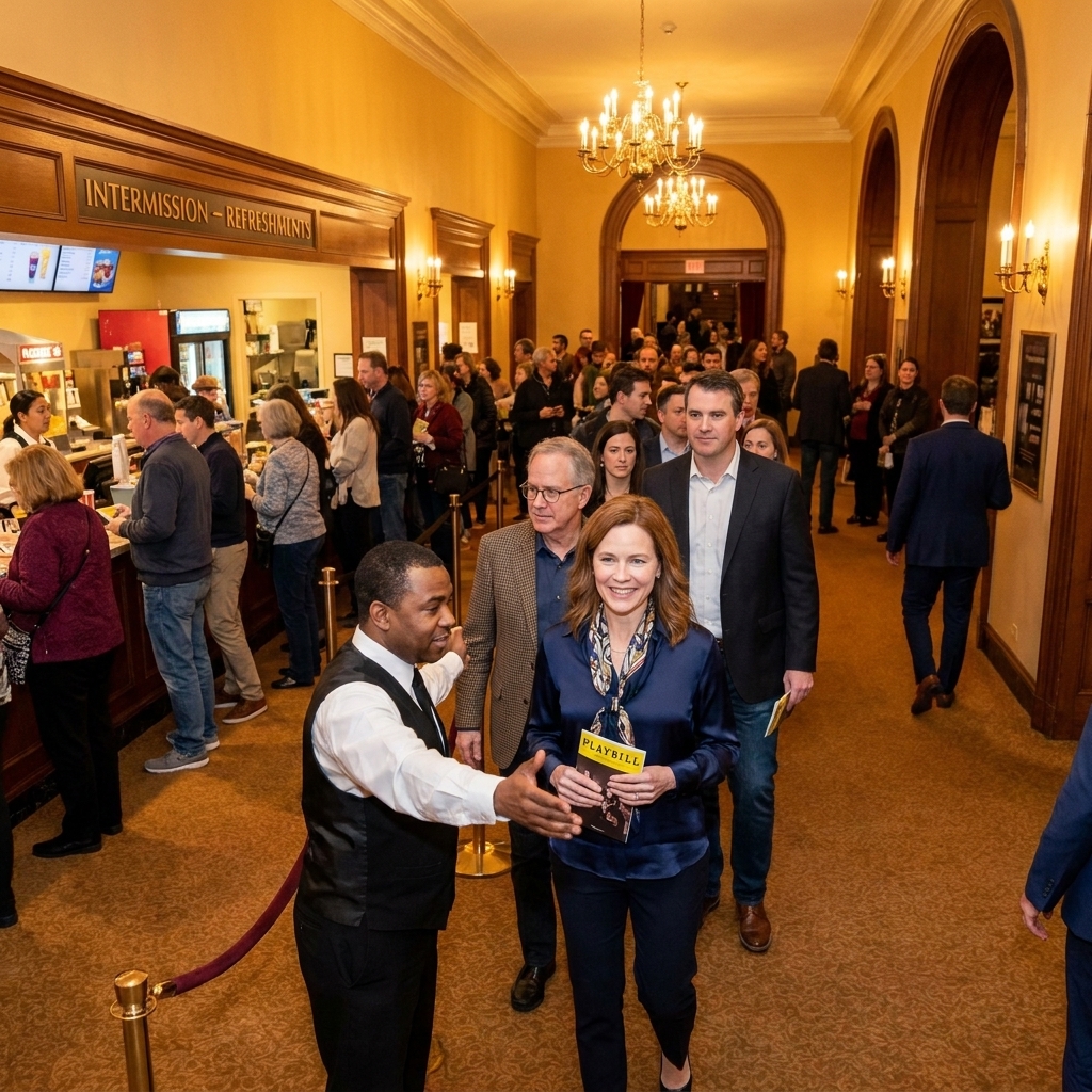 A busy theatre lobby during intermission with wide walkways and ushers helping patrons navigate around concession lines