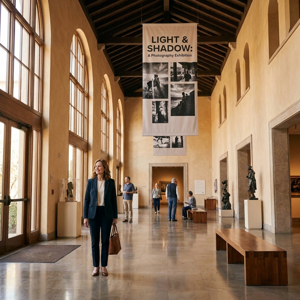 A calm museum lobby with a high ceiling and a photography exhibition banner near the entrance, daylight streaming through tall windows
