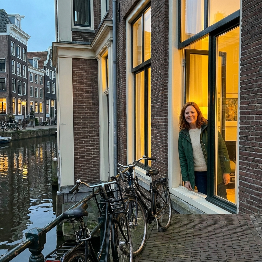A canal-side building in Amsterdam with bicycles parked out front, and warm interior light visible through tall windows