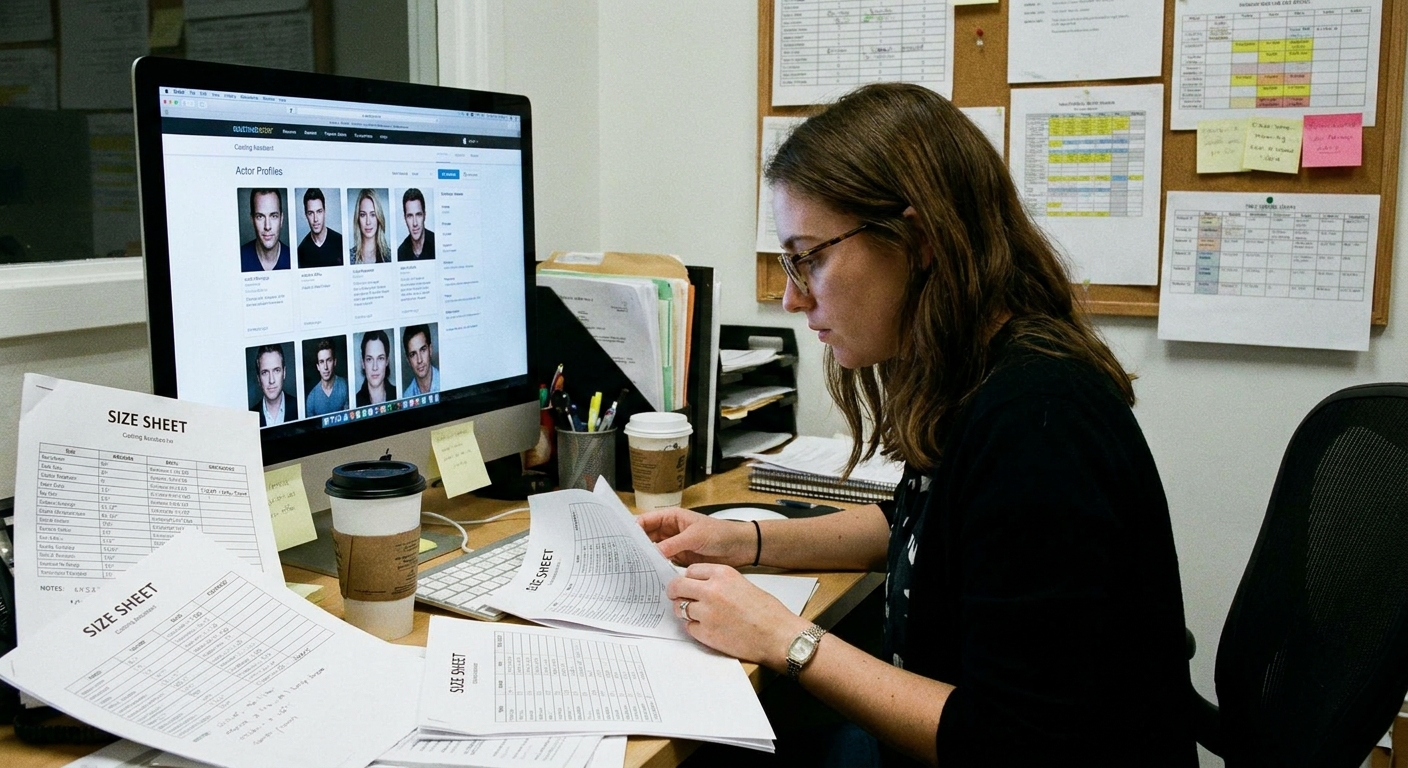 A casting assistant at a desk reviewing digital actor submissions on a computer monitor with printed size sheets nearby