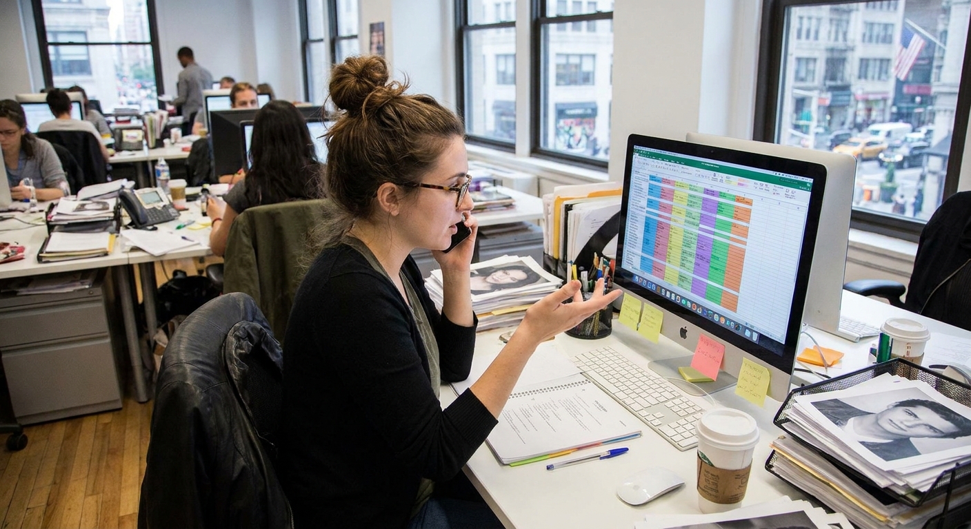 A casting assistant in a busy office speaking on a phone while looking at a computer screen with schedules