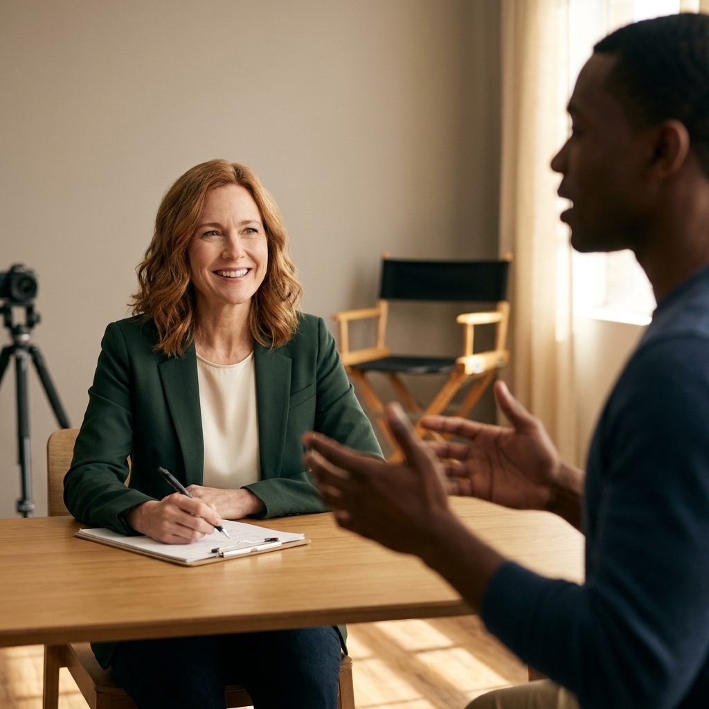 A casting director sits at a table in a studio, watches attentively, and takes notes on a clipboard while an actor performs out of focus in the foreground.
