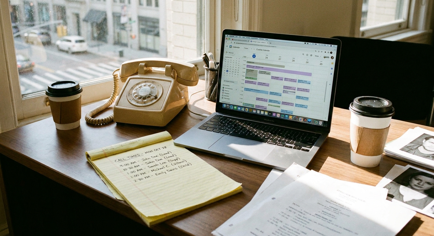 A casting office desk with a phone, a laptop open to a schedule, and a notepad with handwritten call times