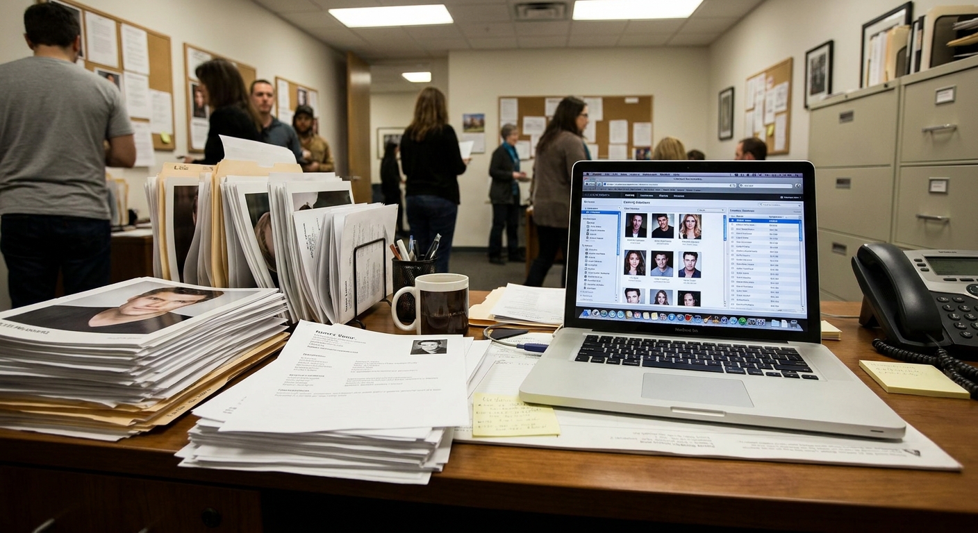 A casting office desk with stacks of headshots and a laptop open to a casting database, documentary-style photograph
