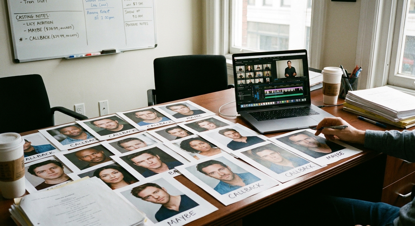 A casting office workspace with headshots spread across a table beside a laptop showing audition clips, suggesting the selection process in progress