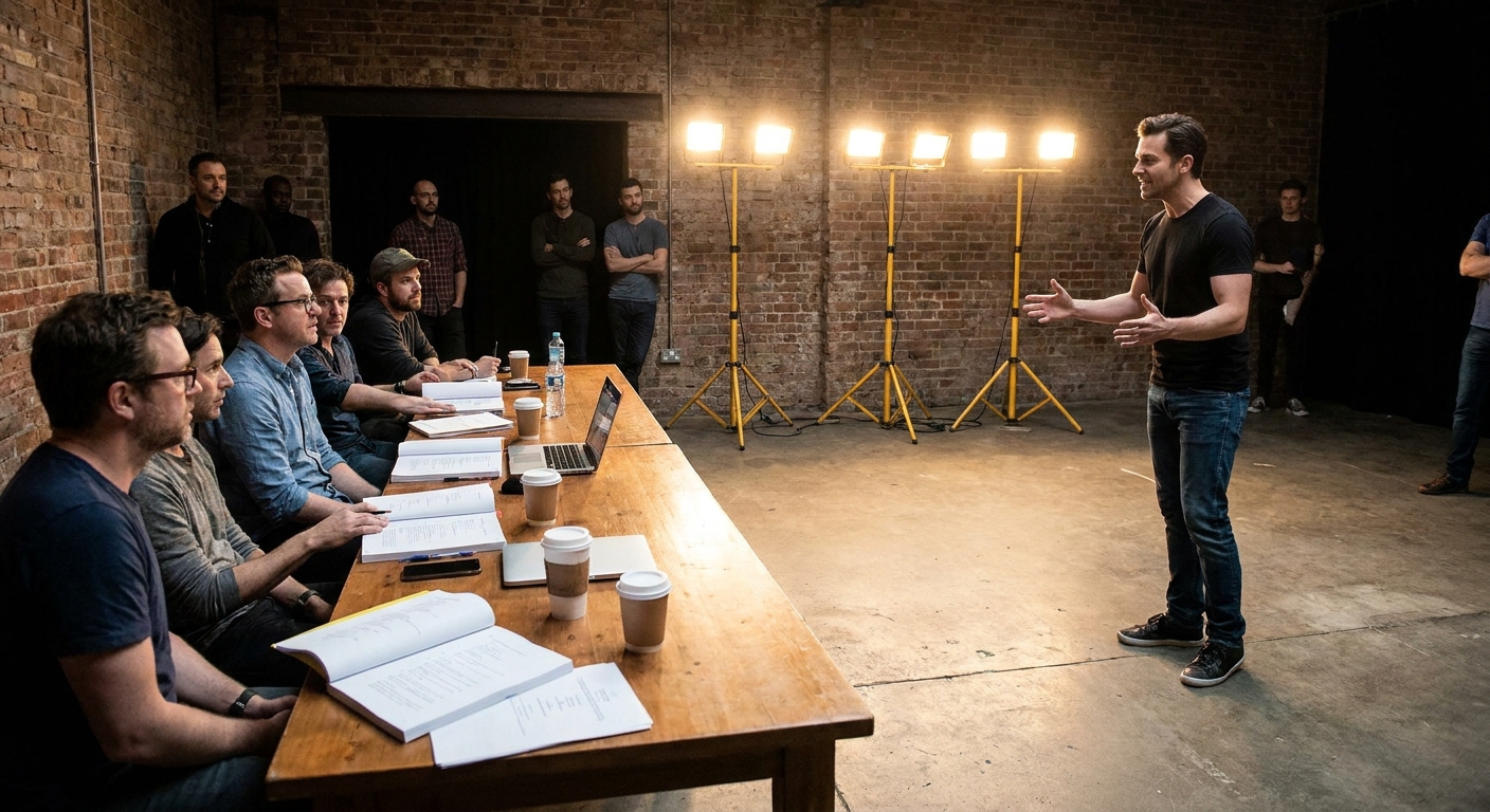 A casting room with a long table, scripts, and several creatives watching an actor perform under bright rehearsal lighting