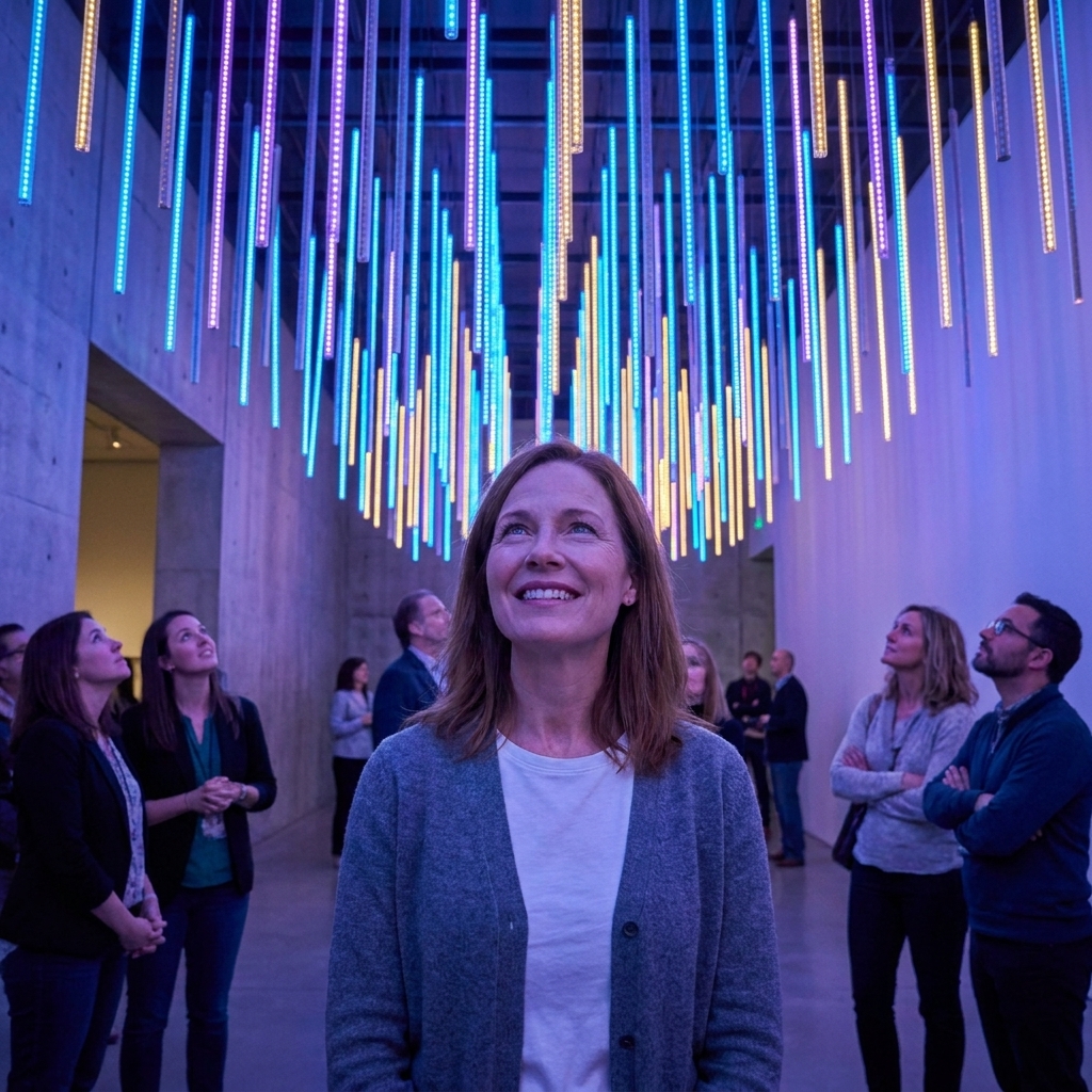 A cavernous gallery filled with a glowing, immersive light installation, with visitors standing in small groups looking upward