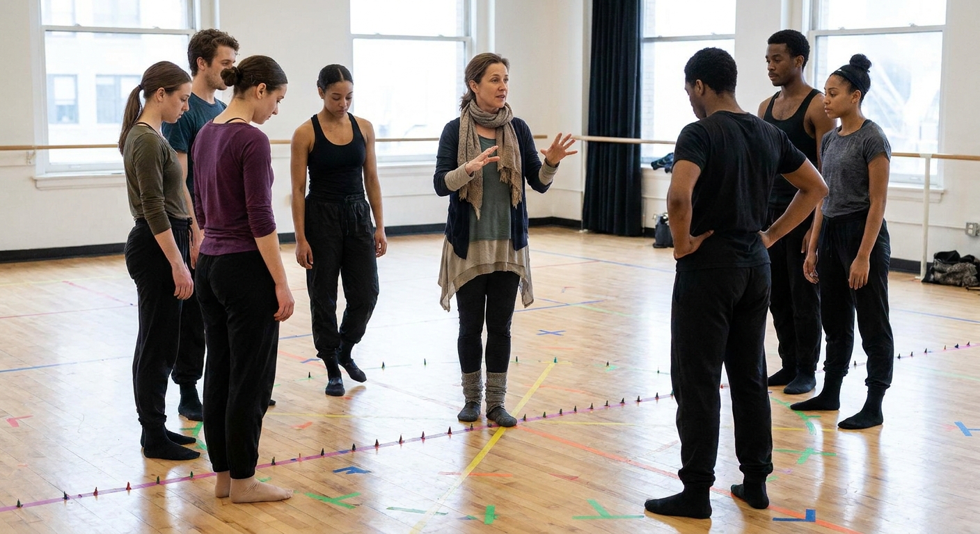 A choreographer speaking with dancers during a setup with tape marks on the floor