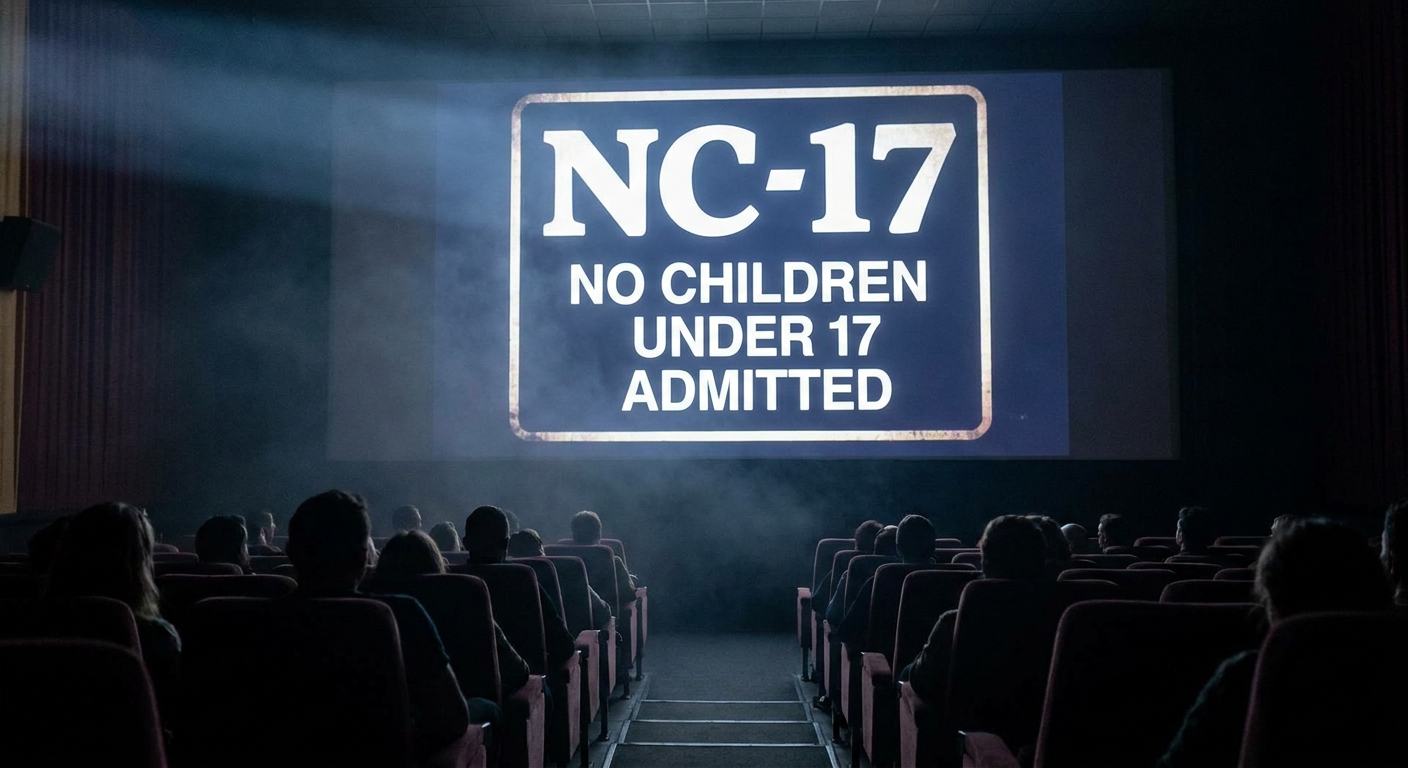 A cinema screen shows an NC-17 rating card before a film, with the dark auditorium visible