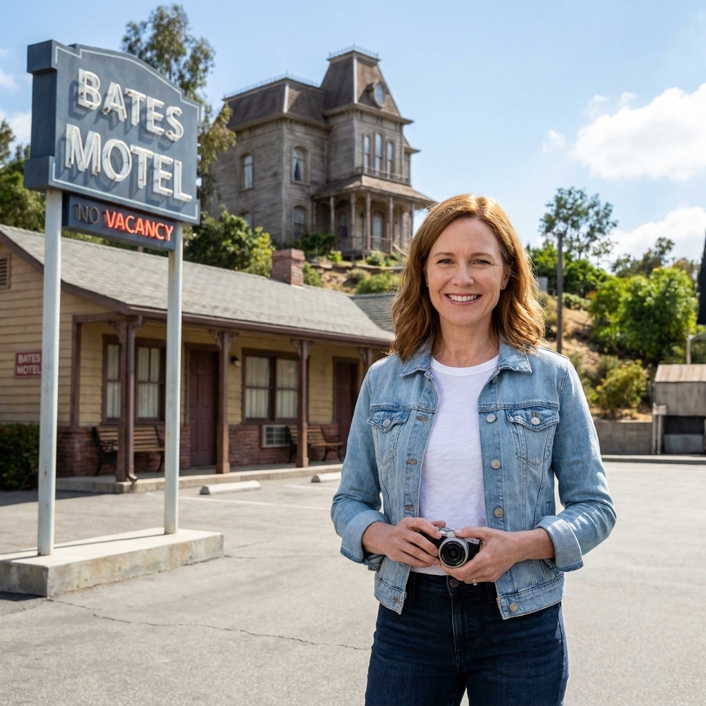 A clear daytime photograph of the Bates Motel set at Universal Studios Hollywood, showing the motel facade and the hillside house behind it