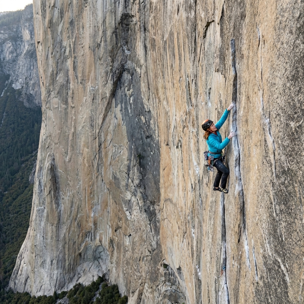 A climber mid-ascent on a sheer granite cliff face, shot from a long distance to emphasize the immense scale and exposure, documentary still