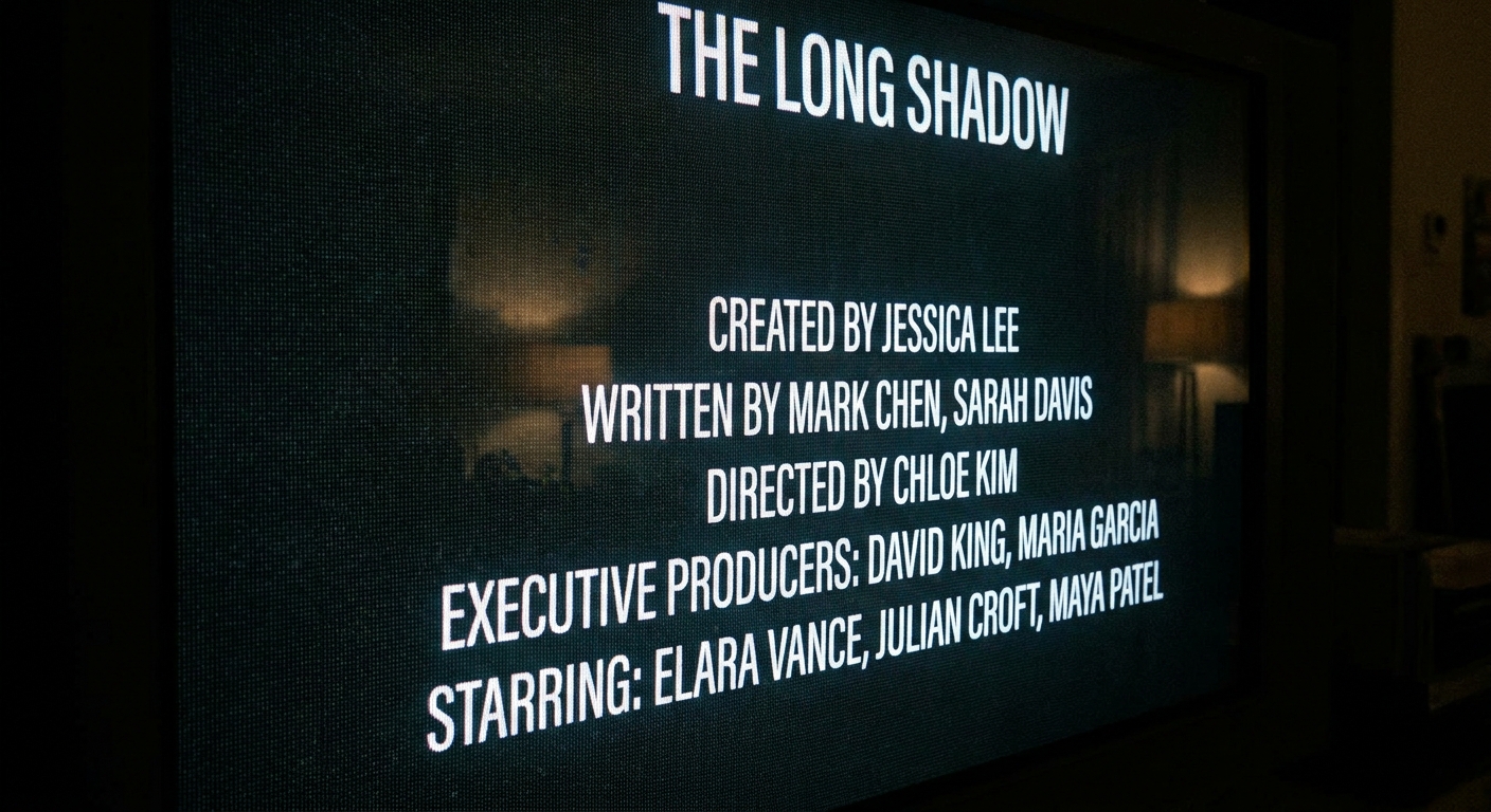 A close-up photograph of a television screen showing end credits rolling over a dark background, with crisp white names and roles in a modern drama