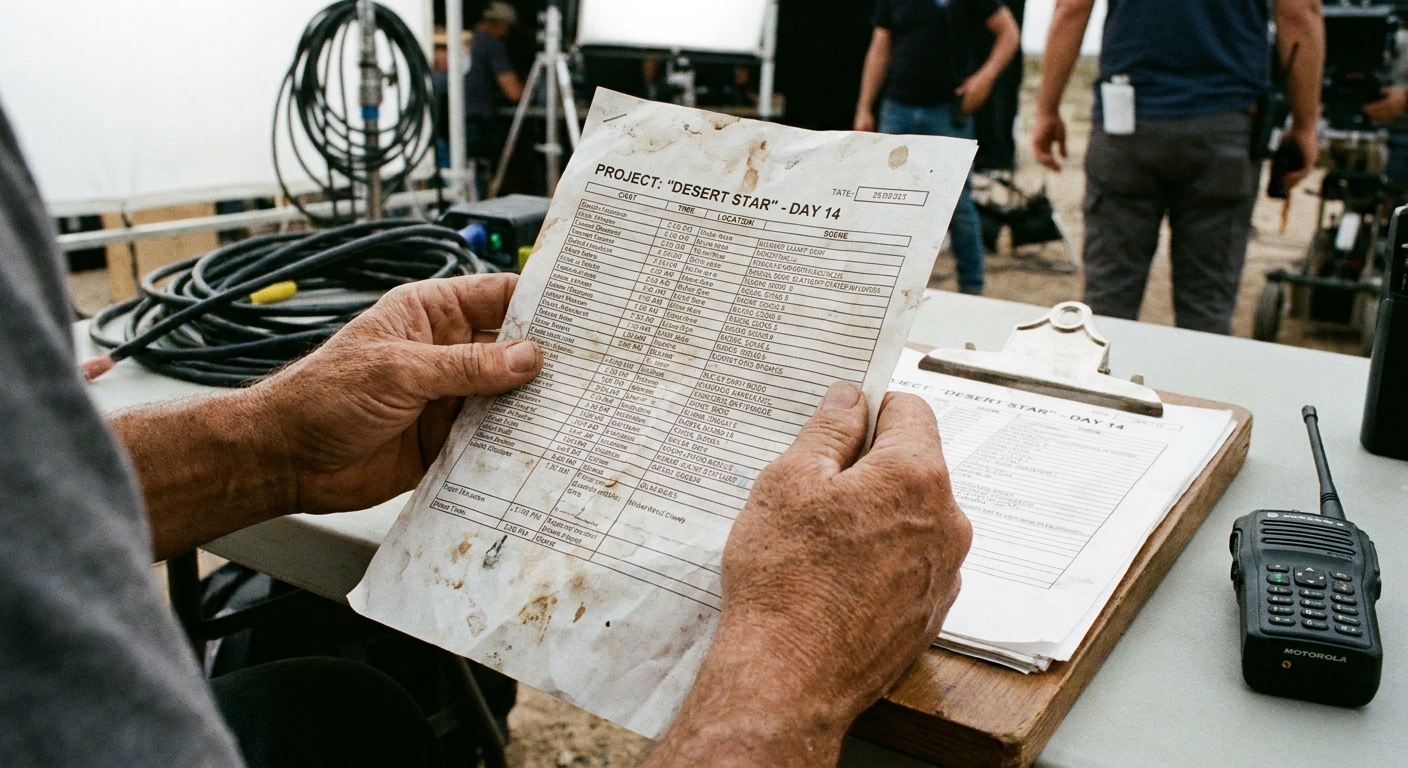 A close view of a printed call sheet held in someone’s hands on set, with a clipboard and walkie talkie visible nearby