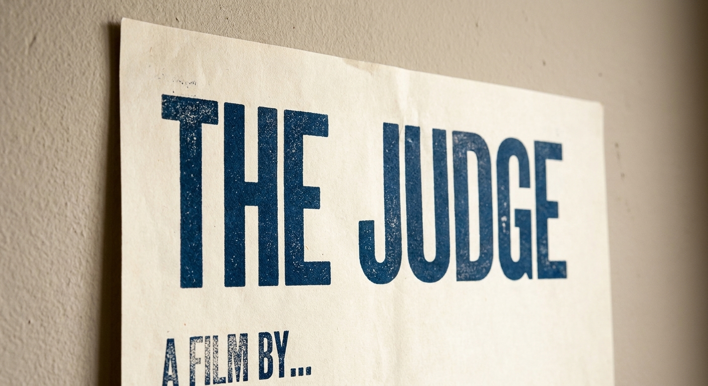 A close view of a printed movie poster on a wall, focusing on sharp title typography and subtle texture in the ink