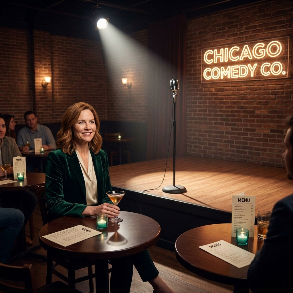 A comedy club stage in Chicago with a spotlight on a microphone stand and small tables set with drink menus in the foreground