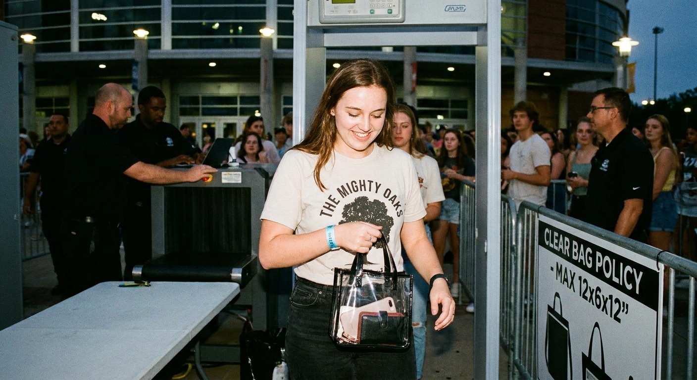 A concertgoer holding a small clear bag while passing through arena security screening with metal detectors in the background