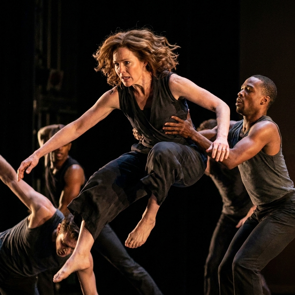 A contemporary dance ensemble performing on a theater stage under dramatic lighting, dancers mid-leap and mid-fall with strong emotional expressions