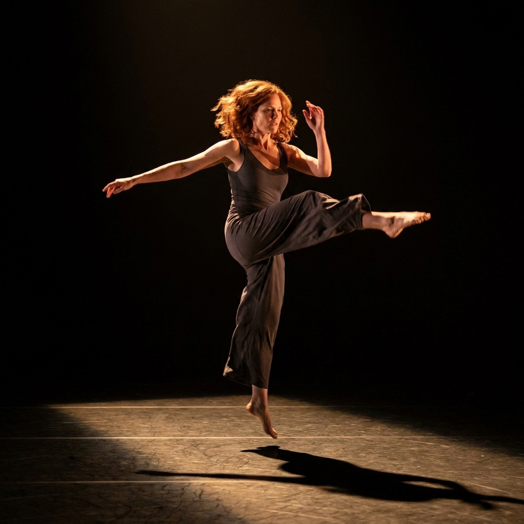 A contemporary dancer in mid-motion on a dark stage, lit by a narrow warm spotlight with dramatic shadows