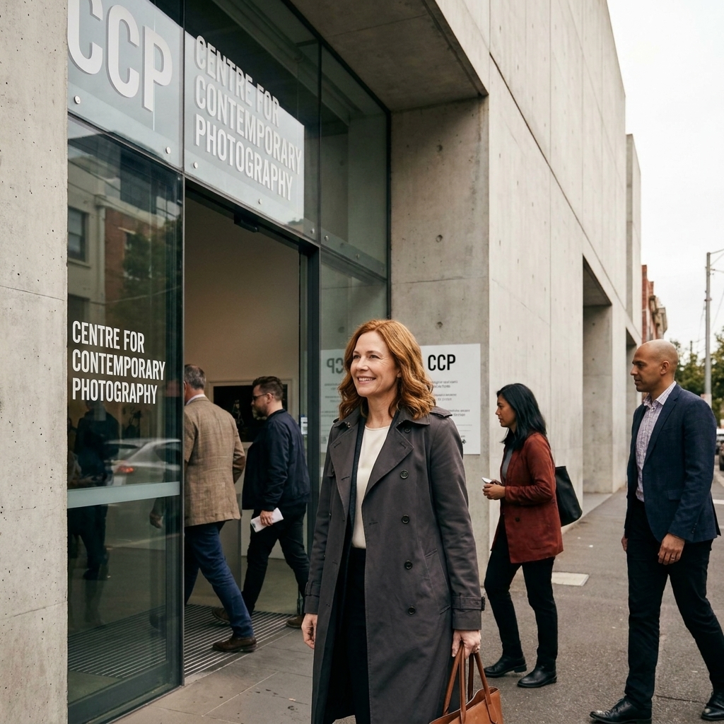 A contemporary gallery entrance in Melbourne with signage for the Centre for Contemporary Photography and visitors arriving