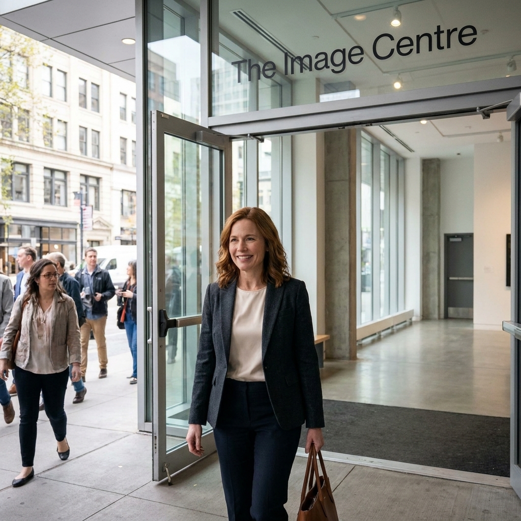 A contemporary gallery entrance with clean signage for The Image Centre, and visitors stepping inside from a city sidewalk
