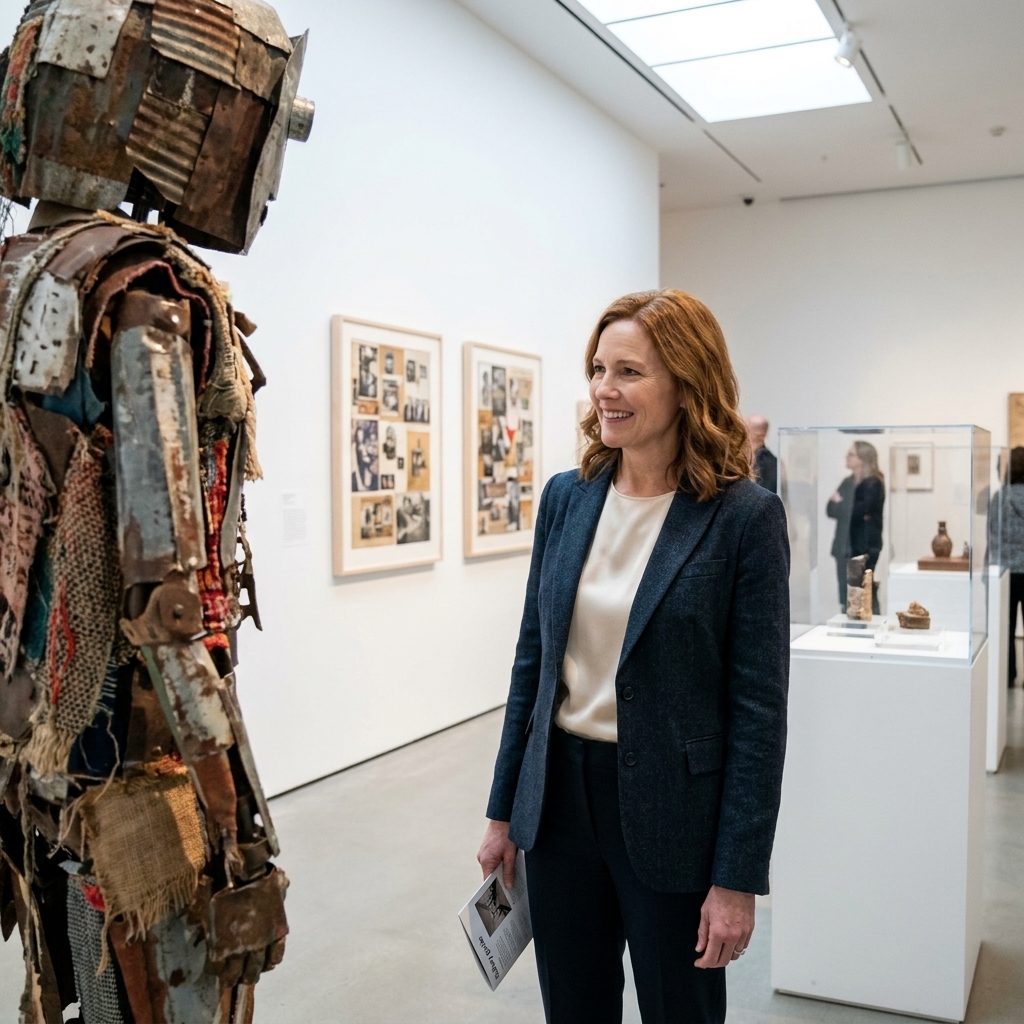 A contemporary museum gallery with a mixed-media installation including framed works, vitrines, and sculptural elements