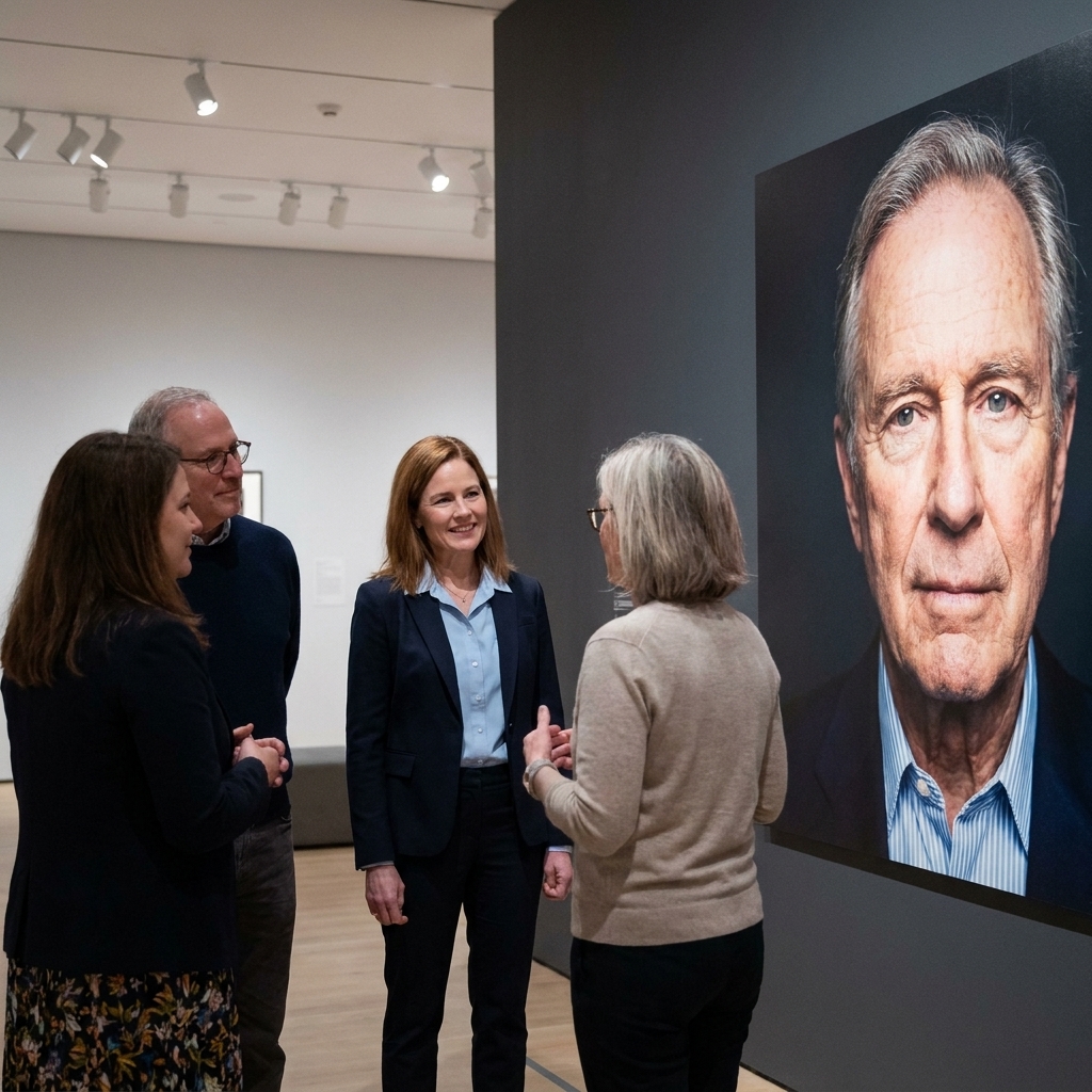 A contemporary museum interior with a large-scale portrait photograph on a dark wall, visitors standing in a small cluster